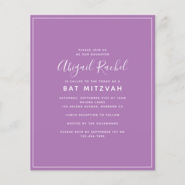Lámina Invitación a Mitzvah del Purple Modern Budget Bat (Anverso)
