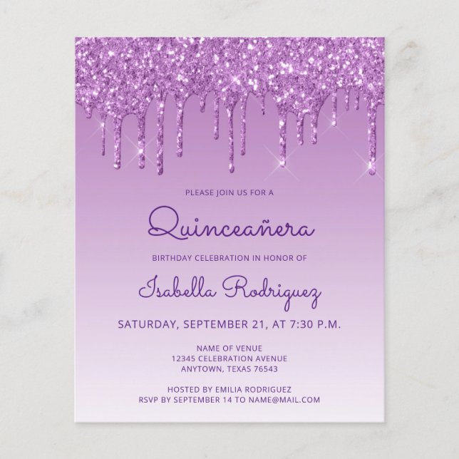 Lámina Invitación a perforar Purpurina púrpura de Quincea (Anverso)