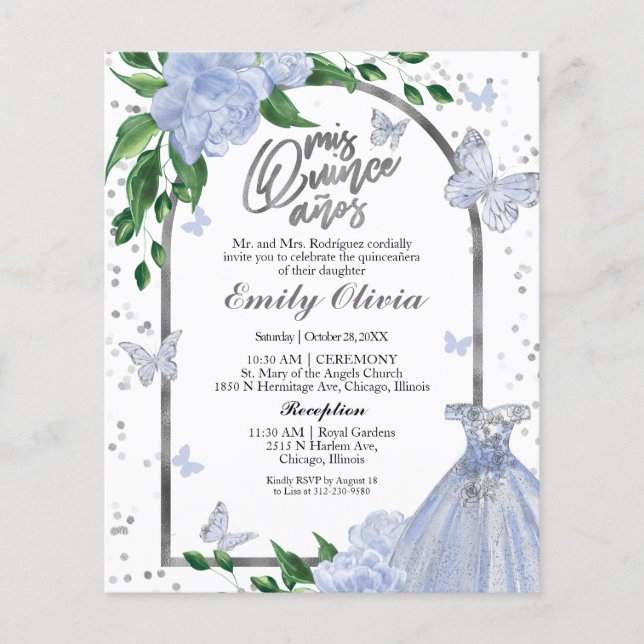 Lámina Invitación a presupuesto de Quinceanera Butterflys (Anverso)