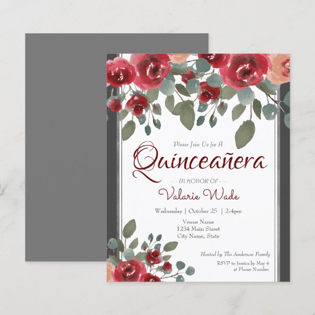 Lámina Invitación a presupuesto floral Quinceanera Red Ro (Anverso / Reverso)