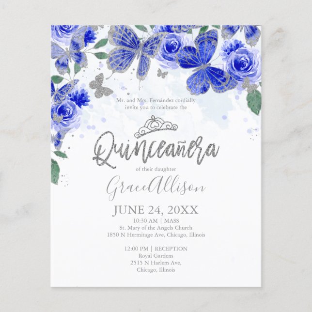 Lámina Invitación a presupuesto para mariposa Quinceanera (Anverso)