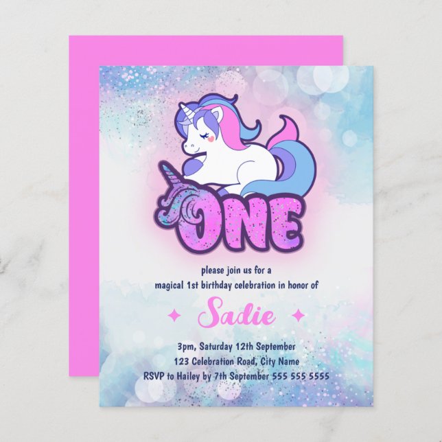 Lámina Invitación a primer cumpleaños de Unicornio con es (Anverso / Reverso)
