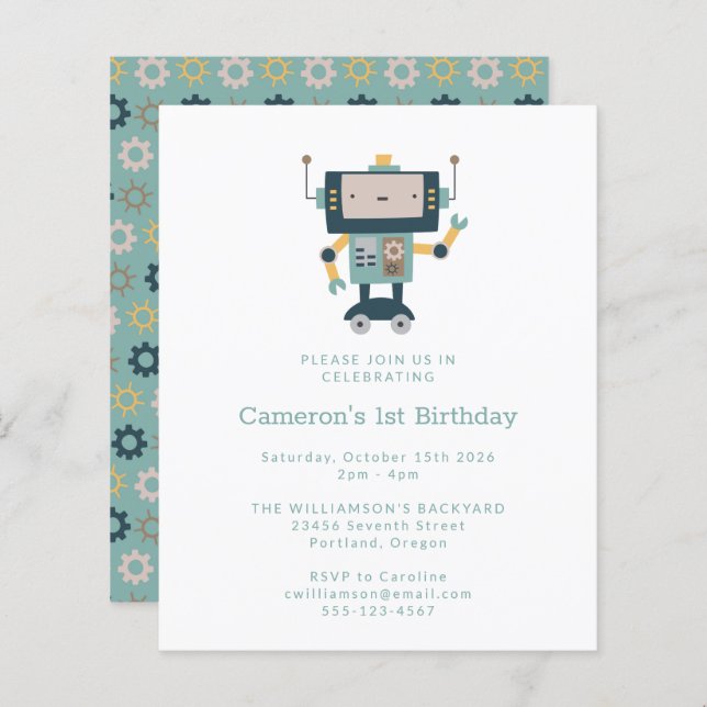 Lámina Invitación a primer cumpleaños simple de Budget Bl (Anverso / Reverso)