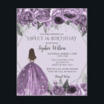 Lámina Invitación a princesa floral morada con presupuest<br><div class="desc">Elegante presupuesto Plata Floral Plata Vestido Purple Vestido Dulce 16 Invitación</div>