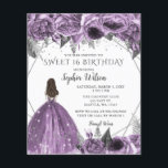 Lámina Invitación a princesa floral morada con presupuest<br><div class="desc">Elegante presupuesto Plata Floral Plata Púrpura Vestido Dulce 16 Invitación</div>