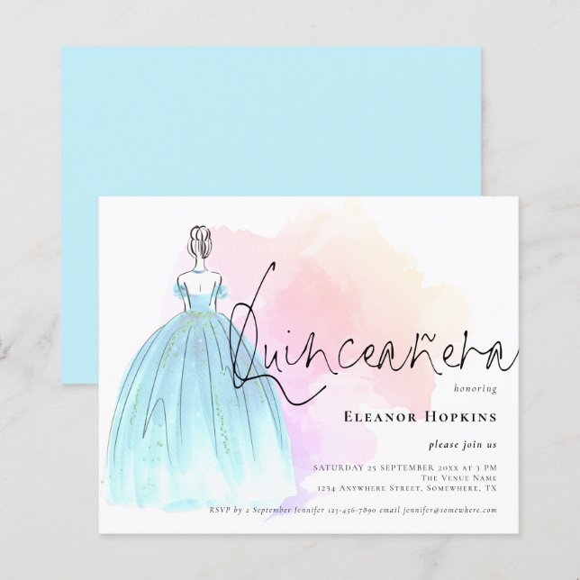 Lámina Invitación a Quinceanera Azul de Vestido de Glam P (Anverso / Reverso)