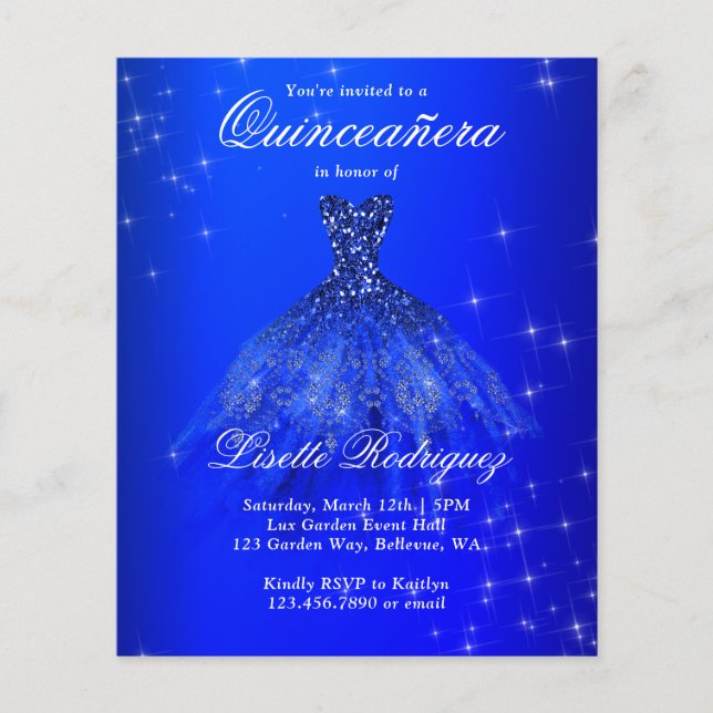 Lámina Invitación a Quinceanera Azul Real de Presupuesto (Anverso)