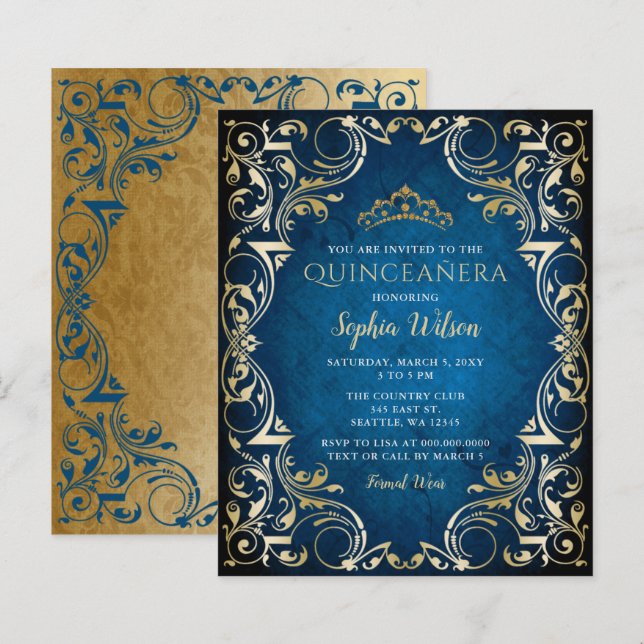 Lámina Invitación a Quinceañera Blue Gold de Presupuesto  (Anverso / Reverso)