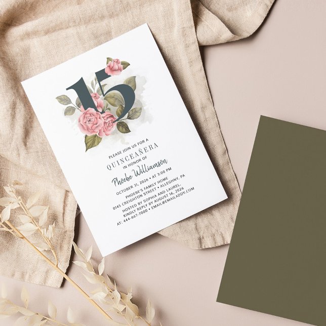 Lámina Invitación a Quinceanera con 15 cumpleaños de la F (Pink Floral Quinceanera Invitation)