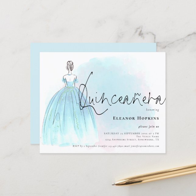 Lámina Invitación a Quinceanera con el vestido azul de cr (Anverso/Reverso In Situ)