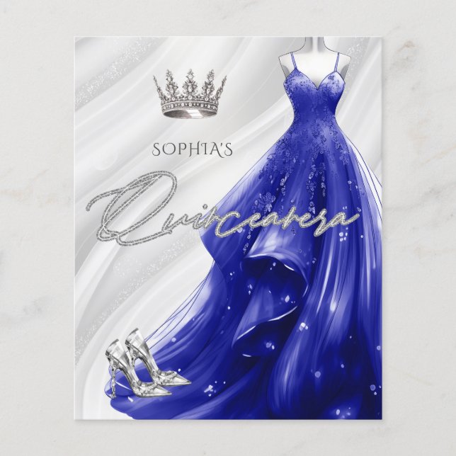 Lámina Invitación a Quinceañera con el vestido azul real  (Anverso)