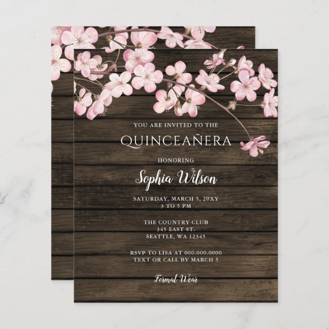 Lámina Invitación a Quinceañera con flores de cerezo rosa (Anverso / Reverso)