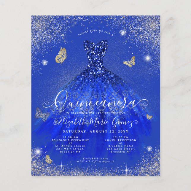 Lámina Invitación a Quinceanera con oro azul real de pres (Anverso)