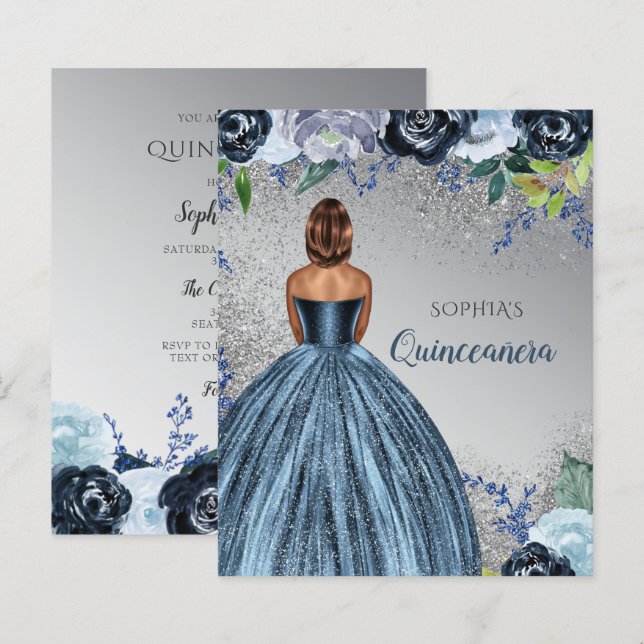 Lámina Invitación a Quinceañera con Purpurina azul de pre (Anverso / Reverso)