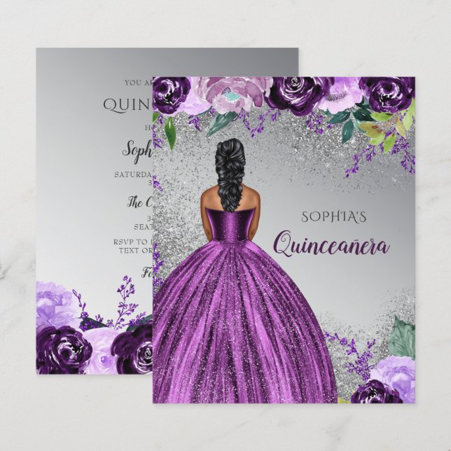Lámina Invitación a Quinceañera con Purpurina púrpura de  (Anverso / Reverso)
