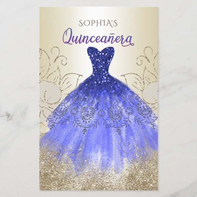 Lámina Invitación a Quinceañera con traje de aguja azul d (Anverso)