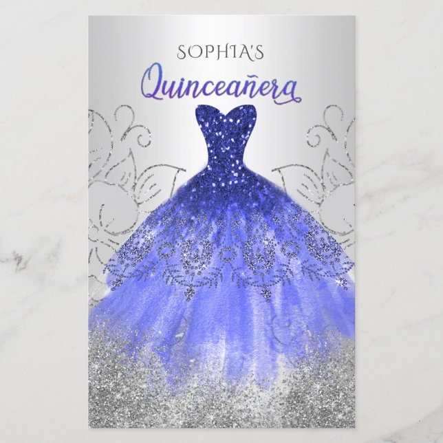 Lámina Invitación a Quinceañera con traje de aguja azul d (Anverso)