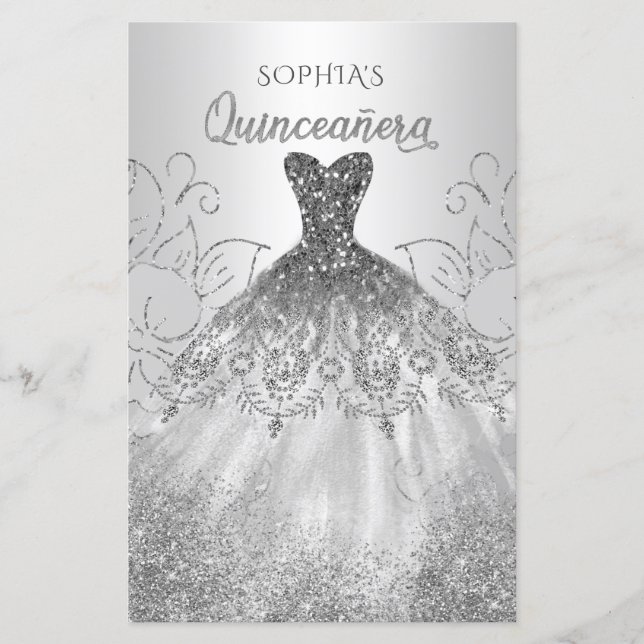 Lámina Invitación a Quinceañera con traje de aguja de pla (Anverso)