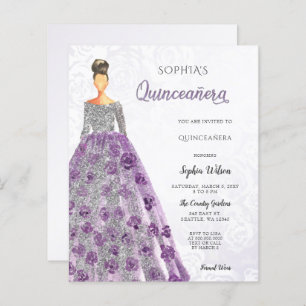 Lámina Invitación a Quinceanera con traje de aguja púrpur