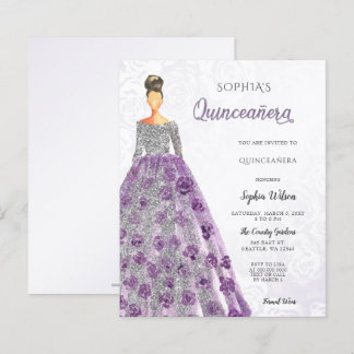 Lámina Invitación a Quinceanera con traje de aguja púrpur