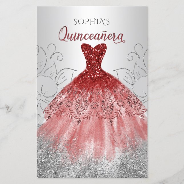 Lámina Invitación a Quinceañera con traje de aguja rojo d (Anverso)