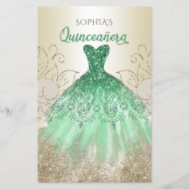 Lámina Invitación a Quinceañera con traje de aguja verde 