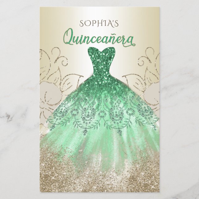 Lámina Invitación a Quinceañera con traje de aguja verde  (Anverso)
