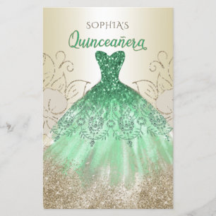 Lámina Invitación a Quinceañera con traje de aguja verde 