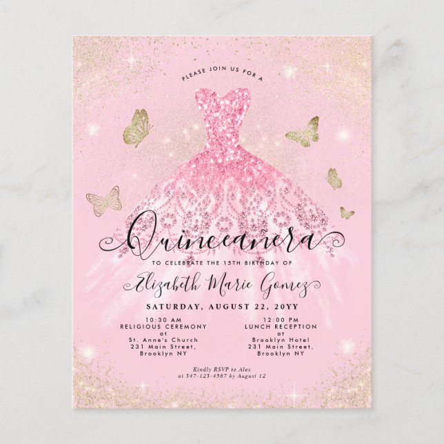 Lámina Invitación a Quinceanera con traje de oro rosa Rub (Anverso)