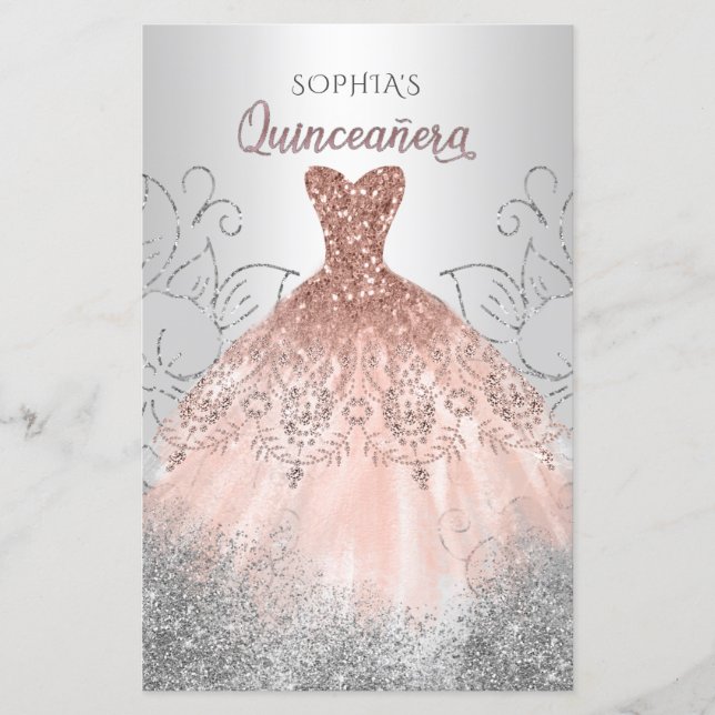Lámina Invitación a Quinceañera con traje de Rosa de oro (Anverso)