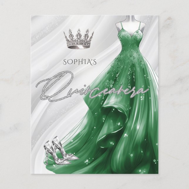Lámina Invitación a Quinceañera con traje verde esmeralda (Anverso)