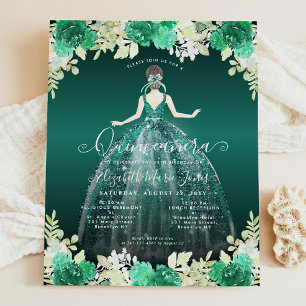 Lámina Invitación a Quinceanera con traje verde floral de