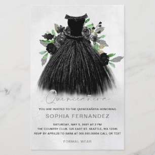 Lámina Invitación a Quinceañera con vestido de plata negr