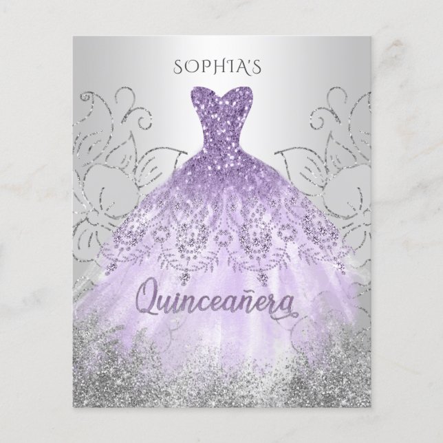 Lámina Invitación a Quinceañera con vestido púrpura de pl (Anverso)