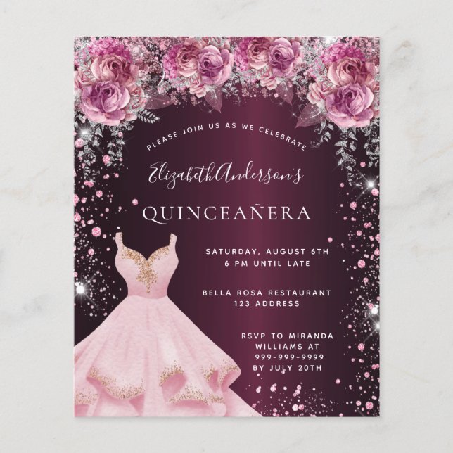 Lámina Invitación a Quinceanera con vestido rosa de Borgo (Anverso)