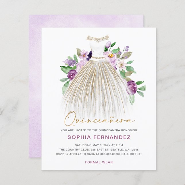 Lámina Invitación a Quinceañera con vino de oro púrpura d (Anverso / Reverso)