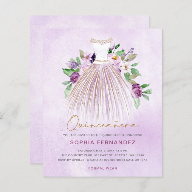 Lámina Invitación a Quinceañera con vino de oro púrpura d (Anverso / Reverso)