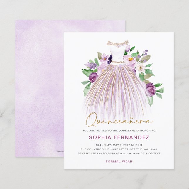 Lámina Invitación a Quinceañera con vino de oro púrpura d (Anverso / Reverso)