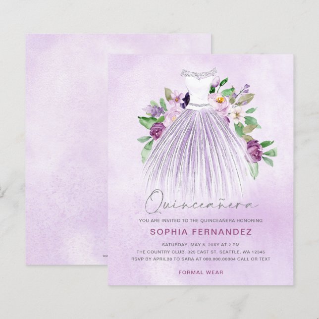 Lámina Invitación a Quinceañera con vino de oro púrpura d (Anverso / Reverso)