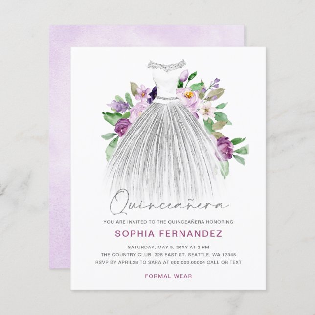 Lámina Invitación a Quinceañera con vino de oro púrpura d (Anverso / Reverso)