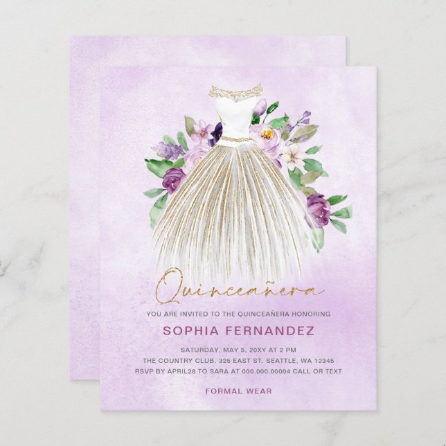 Lámina Invitación a Quinceañera con vino de oro púrpura d (Anverso / Reverso)