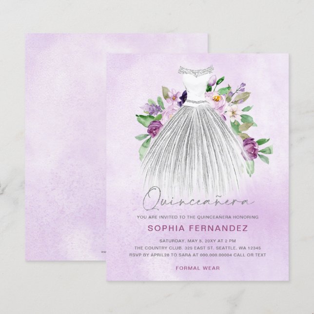 Lámina Invitación a Quinceañera con vino de oro púrpura d (Anverso / Reverso)