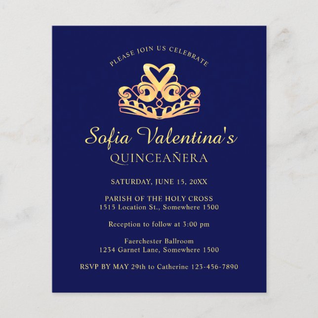 Lámina Invitación a Quinceanera de Budget Blue Gold Tiara (Anverso)