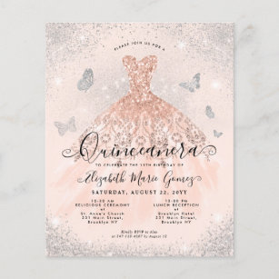 Lámina Invitación a Quinceanera de Glam Gown de oro rosa 