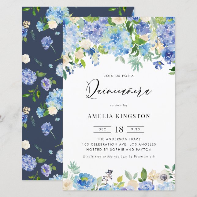 Lámina Invitación a Quinceañera de la hidrangea azul acua (Anverso / Reverso)
