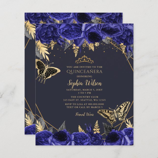 Lámina Invitación a Quinceañera de la Mariposa Azul Real  (Anverso / Reverso)
