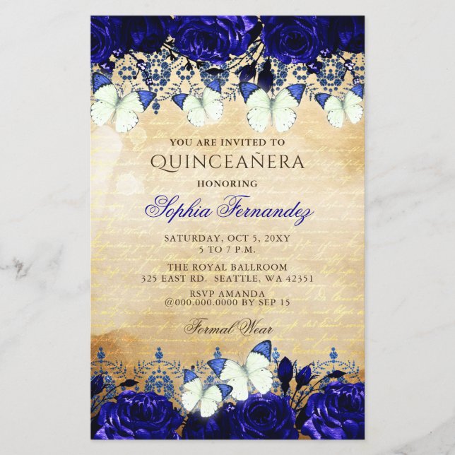 Lámina Invitación a Quinceañera de la Mariposa Azul Real  (Anverso)