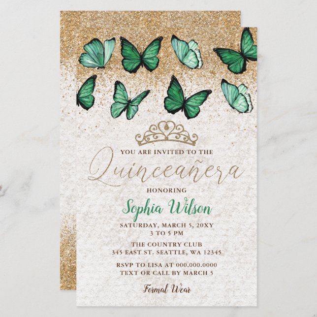 Lámina Invitación a Quinceañera de la Mariposa de Oro Ver (Anverso / Reverso)