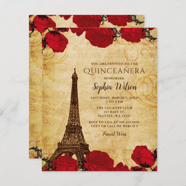 Lámina Invitación a Quinceañera de la Torre Eiffel Rústic (Anverso / Reverso)