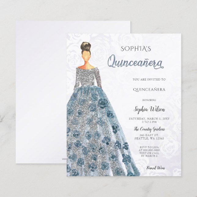 Lámina Invitación a Quinceanera de la vestimenta azul de  (Anverso / Reverso)